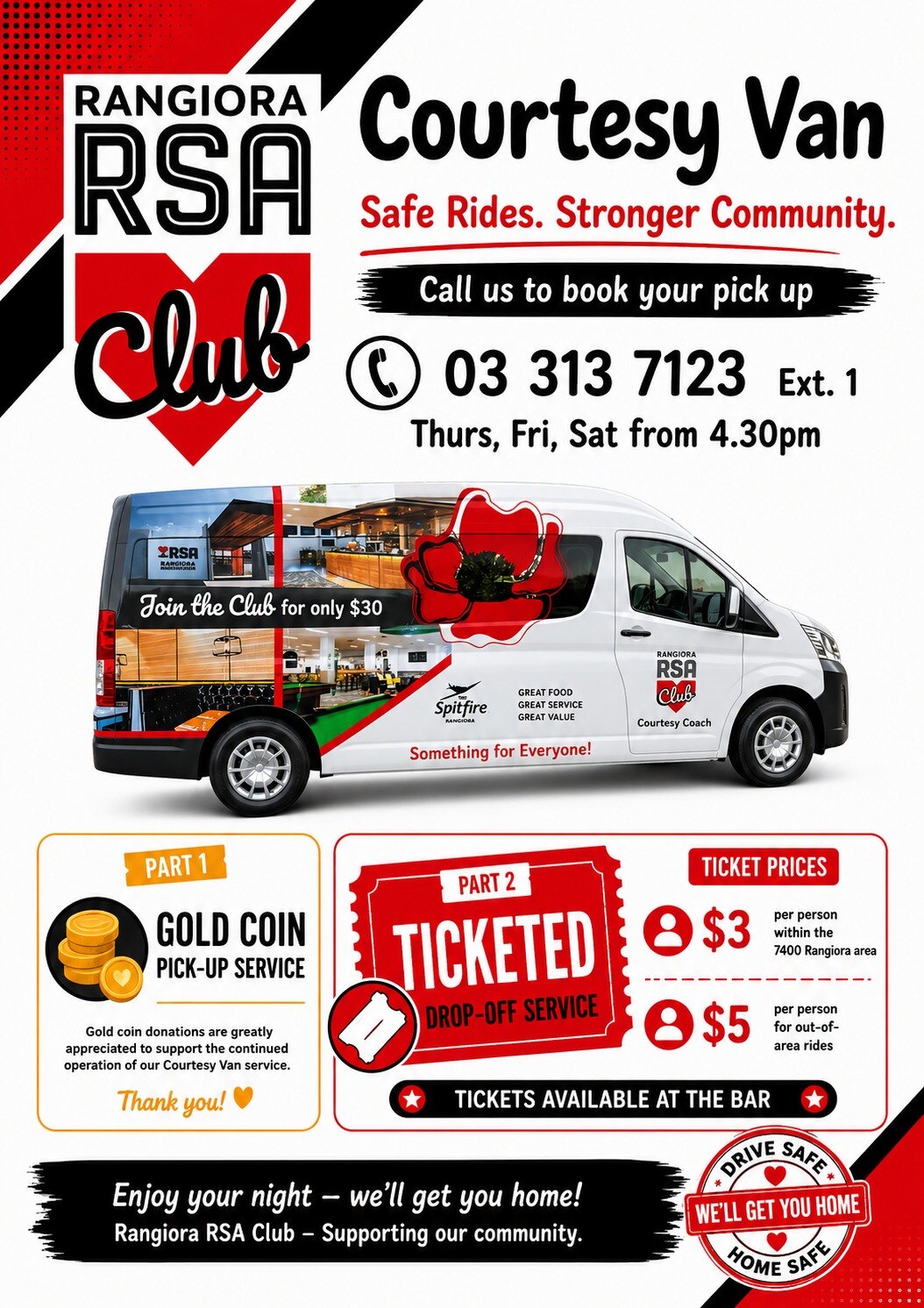 Courtesy Van flyer: safe rides, stronger community, call 03 313 7123 ext. 1