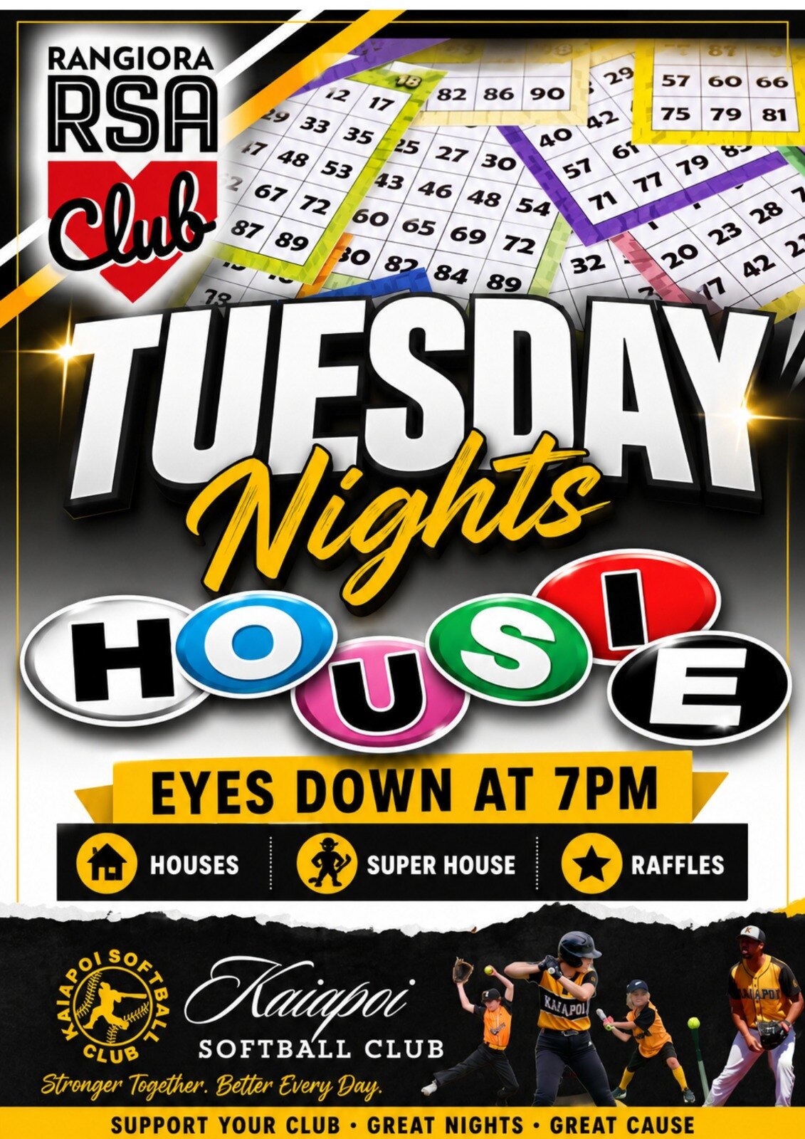 Tuesday Nights Housie flyer, eyes down at 7pm