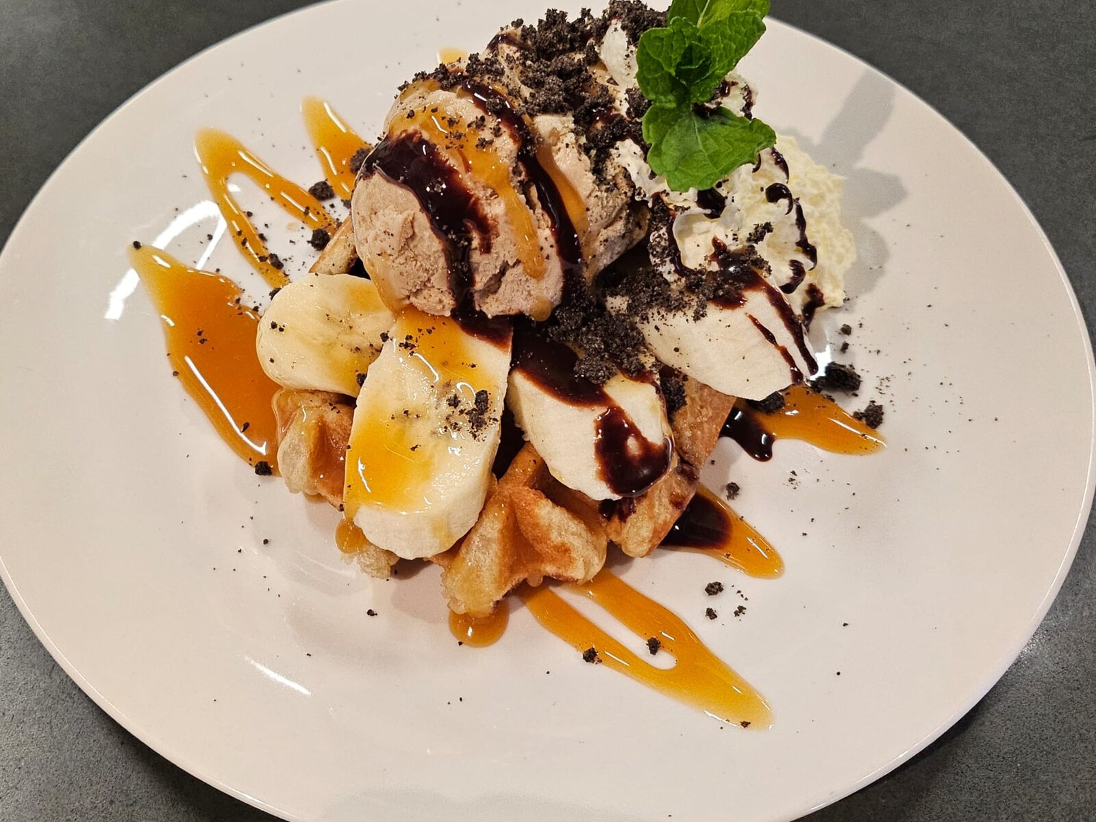Banana caramel waffle dessert - The Spitfire Restaurant