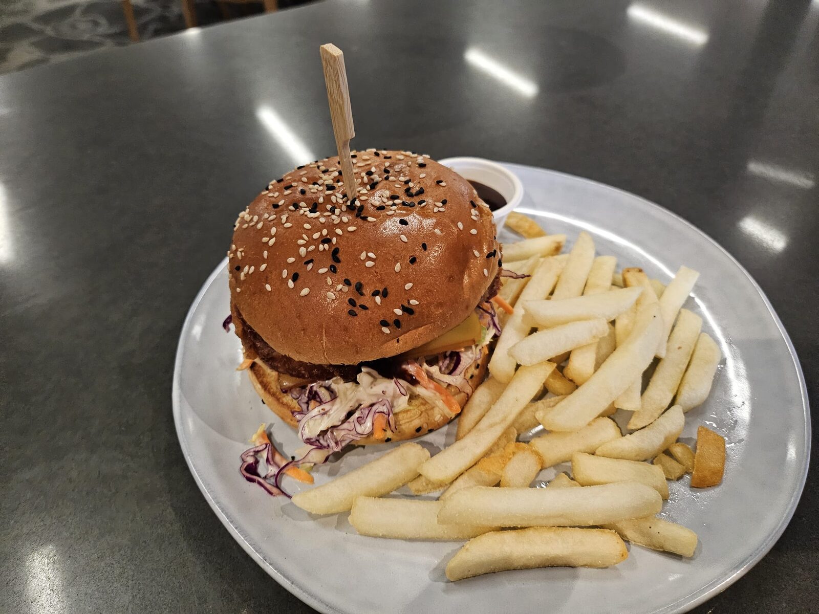 Burger with slaw and fries