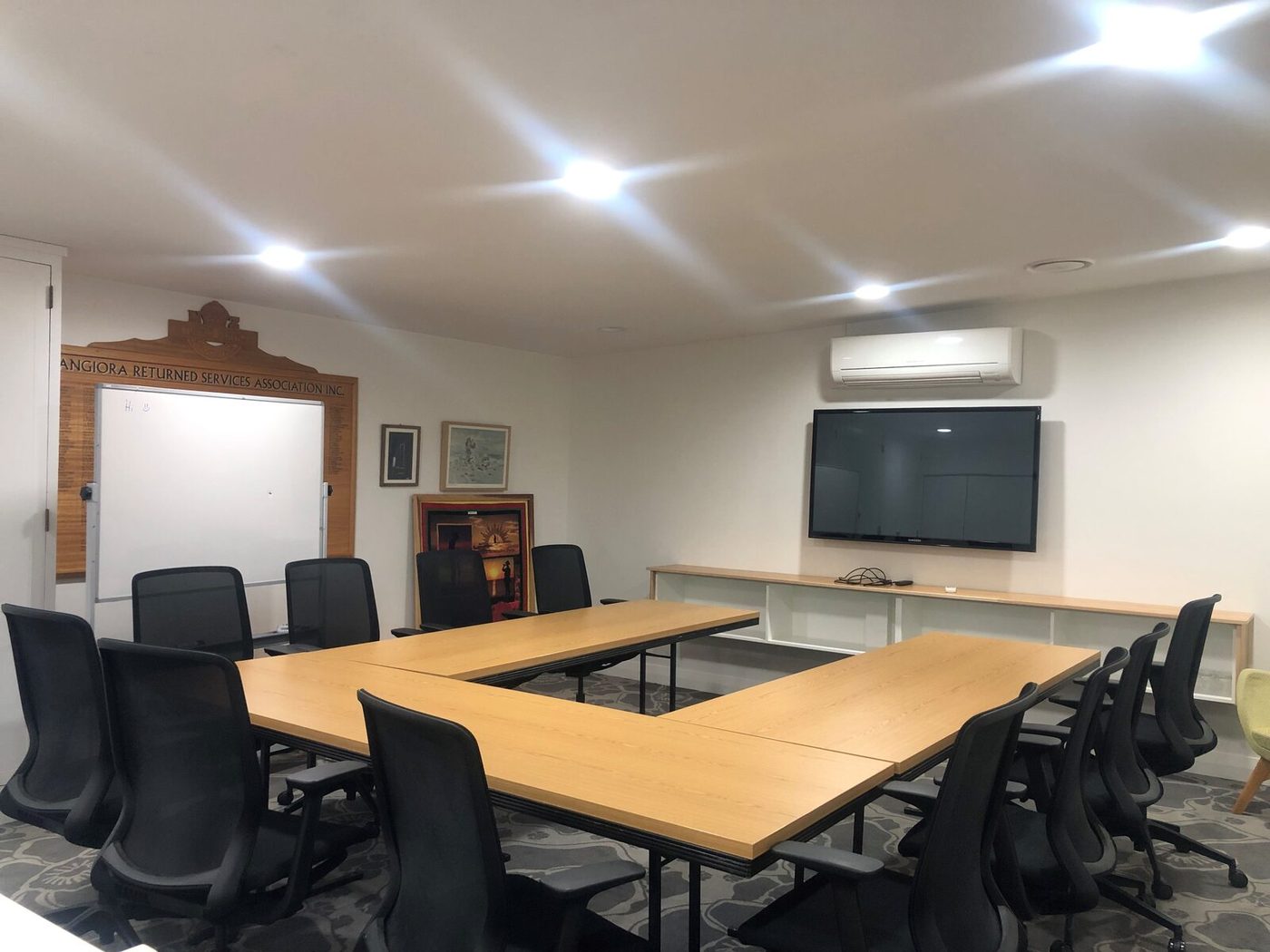 The boardroom set up for a meeting